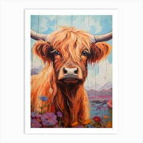 Illustration Of Highland Cow With Wildflowers 2 Art Print