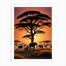 Sunset With Elephants Art Print