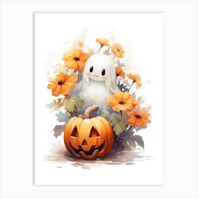 Cute Ghost With Pumpkins Halloween Watercolour 26 Art Print
