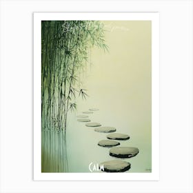 Calming Bamboo Forest And Stone Path, soft palette watercolor minimalist Calm Poster Art Print