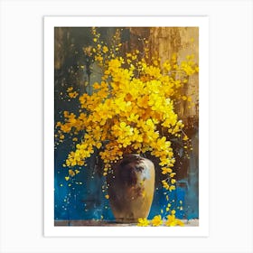 Yellow Flowers in a Vase on Blue Background Still Life Modern Oil Painting by John Arwen | Floral Wall Art for Gallery or Feature Art Print