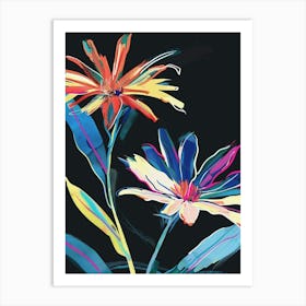 Neon Flowers On Black Asters 5 Art Print