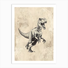 Allosaurus Dinosaur Black Ink & Sepia Illustration 1 Art Print
