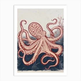 Linocut Octopus Deep In The Ocean Art Print