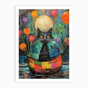 Black Cat In A Boat Art Print