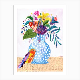 Still Life with Bird Colorful Watercolor Blue Vase Modern Art Print