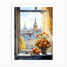 Window View Of Warsaw Poland In Autumn Fall, Watercolour 3 Art Print