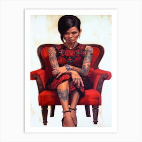 The Lady Is The Boss - Tattooed Woman In Red Chair Art Print