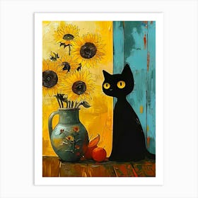 Black Cat With Sunflowers Art Print