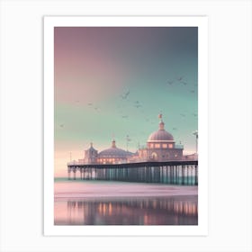 Fantasy Style Brighton Pier At Night Alternate Pink Galaxy Night Birds Art Print