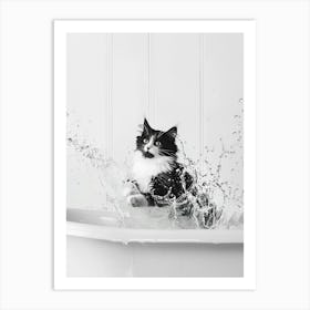 Cat In Bathtub, Black and White, Funny, Cat Splashing in Tub Art Print