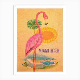 Miami Beach, Pink Flamingo, Florida Retro Vintage Travel Poster Art Print