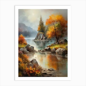 Autumn Lake,Forest Lake, Vintage Oil Painting, Farmhouse Wall Decorations, Antique Landscape, Vintage Landscape Oil Painting.18 Art Print