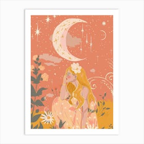 Moon And Stars women flower Art Print