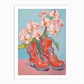 A Painting Of Cowboy Boots With Pink Flowers, Fauvist Style, Still Life 12 Art Print