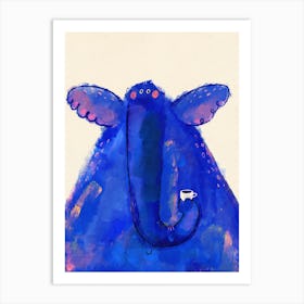 Blue Elephant With Tiny Coffee Mug Art Print