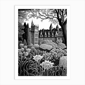 Biltmore Estate Gardens, Usa Linocut Black And White Vintage Art Print