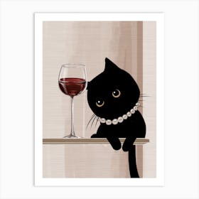 Black Cat With Wine Glass Art Print