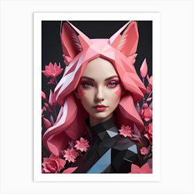 Low Poly Fox Girl,Black And Pink Flowers (32) Art Print