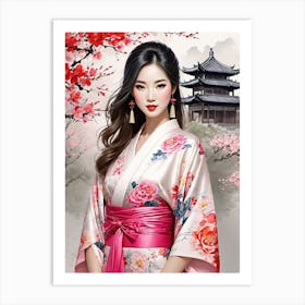 Asian Girl In Kimono Art Print