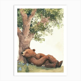 Brown Bear Laying Under A Tree Storybook Illustration 3 Art Print