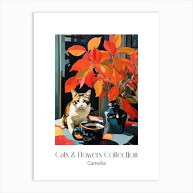 Cats & Flowers Collection Camellia Flower Vase And A Cat, A Painting In The Style Of Matisse 2 Art Print