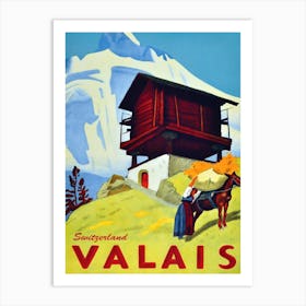 Cottage At Valais, Switzerland, Tourist Poster Art Print