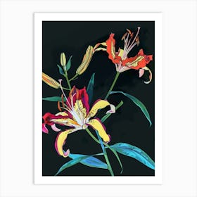 Neon Flowers On Black Gloriosa Lily 4 Art Print