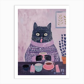 Grey Cat Having Breakfast Folk Illustration 2 Art Print