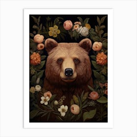 Brown Bear Portrait With Rustic Flowers 0 Art Print