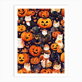 Halloween Cats And Pumpkins Art Print