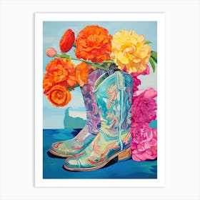 Oil Painting Of Colourful Flowers And Cowboy Boots, Oil Style 4 Art Print