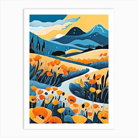 Cartoon Poppy Field Landscape Illustration (5) Art Print