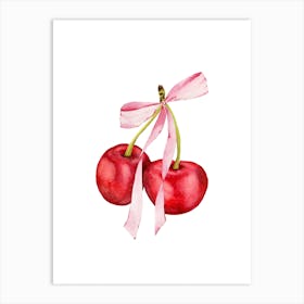 Coquette Cherries & Pink Bow - 1 - White Art Print