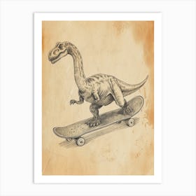 Vintage Brachiosaurus Dinosaur On A Skateboard 3 Art Print