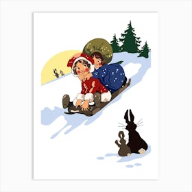 Two Girls Sledding On A Snow Art Print