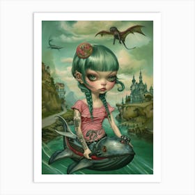 Girl riding whale, vintage art print Art Print