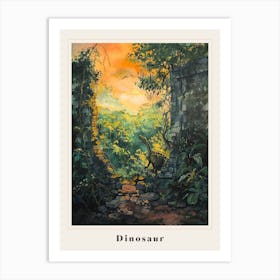 Dinosaur By An Abandoned Wall Covered In Vines Painting Poster Art Print