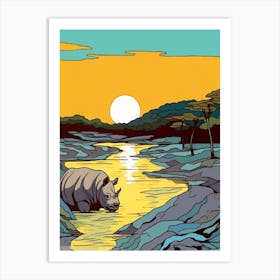 A Rhino In The River Block Colours 2 Art Print