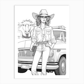 Line Art Cowgirl Illustration 1 Art Print