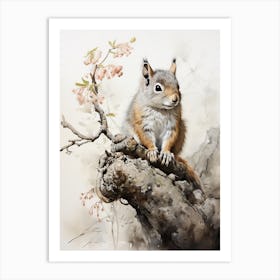 Squirrel, Japanese Brush Painting, Ukiyo E, Minimal 3 Art Print