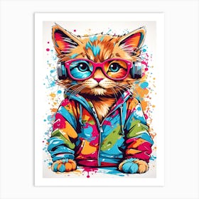 Funny Cat Listening To Music Art Print