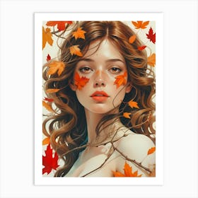 Woman with Freckles and Falling Leaves in a Dreamy Autumn Portrait Art Print