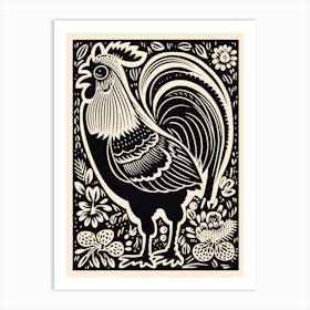 B&W Bird Linocut Chicken 6 Art Print