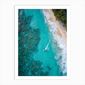 Aerial Drone Photography Capturing A Surfer Riding A Wave Near A Lagoon On A Tropical Coastline San (6) Art Print