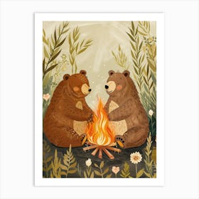 Brown Bear Two Bears Sitting Together By A Campfire Storybook Illustration 4 Art Print