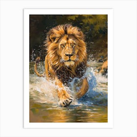 African Lion Crossing A River Acrylic Painting 1 Art Print