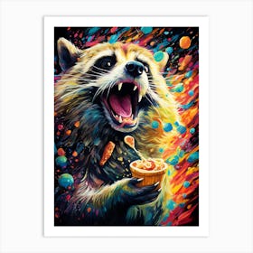 A Raccoon Eating Crisps Vibrant Paint Splash 1 Art Print