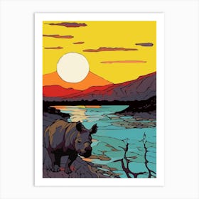 Linework Illustration With Rhino By The Sunset 3 Art Print