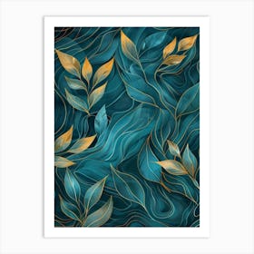 Gold Leaves On A Blue Background 2 Art Print